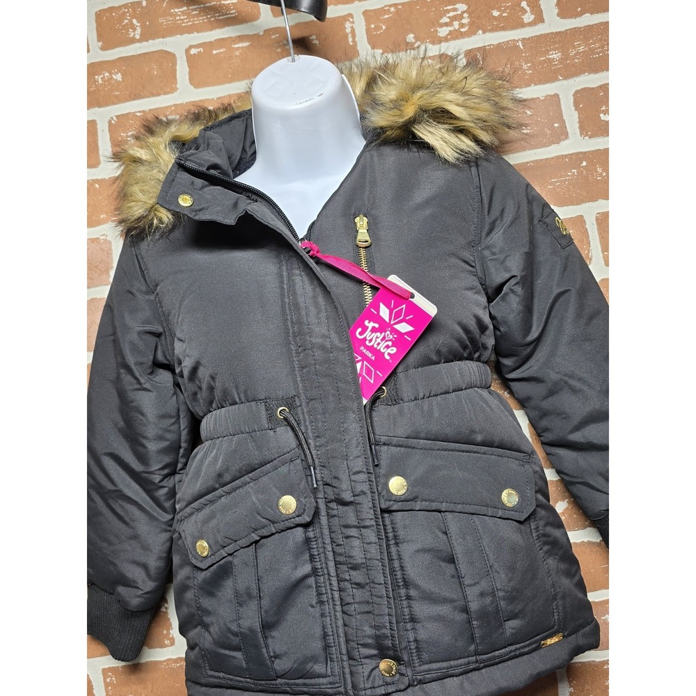 Justice Girls Puffer‎ Jacket Faux Fur Lined With Hood Sz Small 7/8 Black